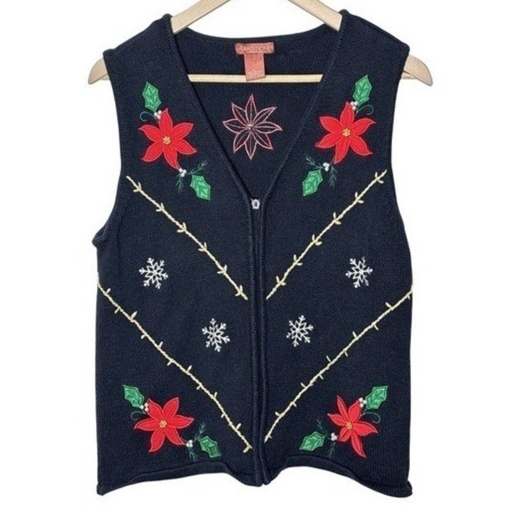 Traditions Christmas Poinsettia Sweater Vest Navy Blue Zip Front Embroidered L